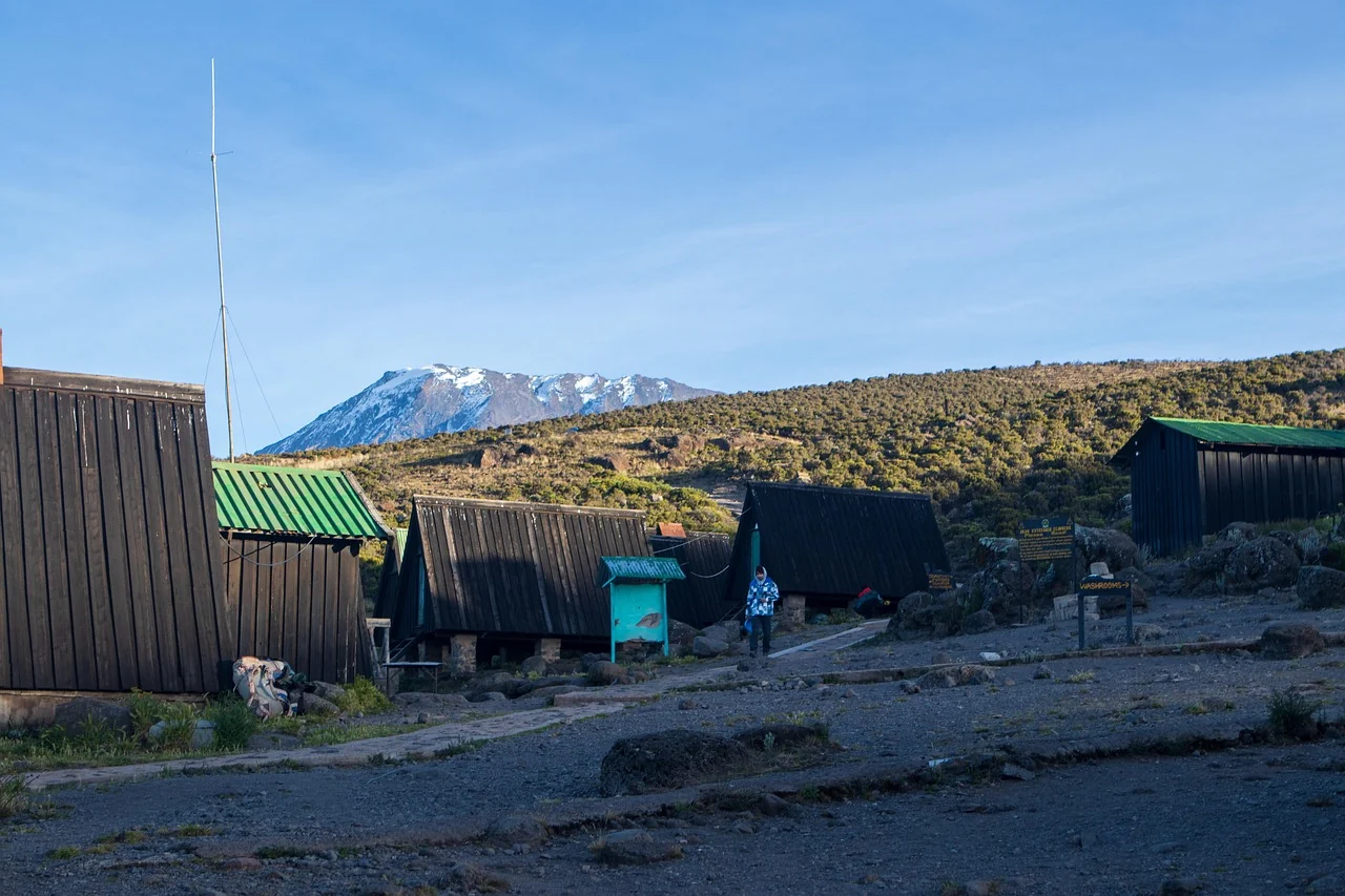 Mountain huts on the Marangu Route with Kilimanjaro behind