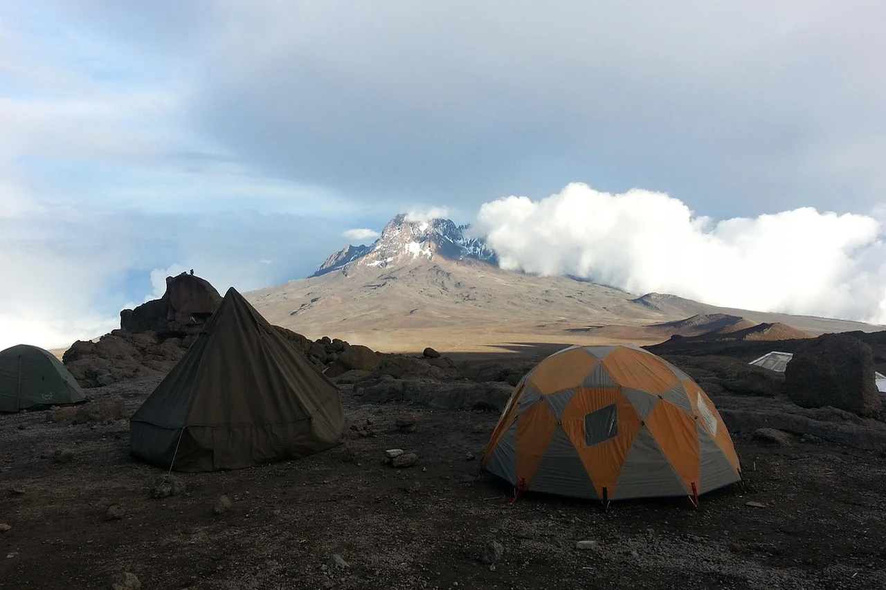 Mountain tents with Mawenzi Peak in the distance