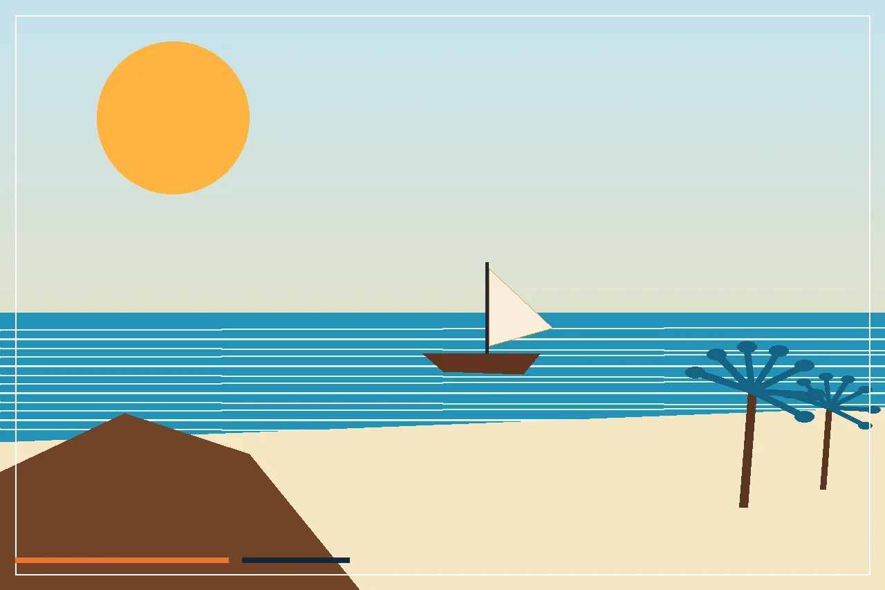 Original illustration of a quiet Zanzibar beach with a dhow and palms
